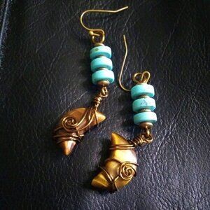 Wire Wrapped Tigereye Moon + Turquoise Howlite ~ One-of-a-kind Dangle Earrings